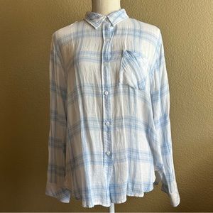 Rails Charli Pale Blue Linen White Button Down Long Sleeve Shirt Medium